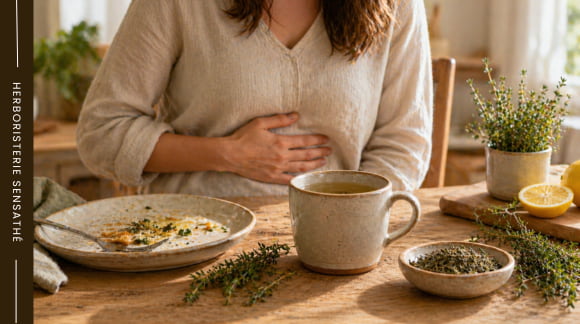Tisane de thym après le repas pour soulager la digestion lente les gaz et les ballonnements - Herboristerie Sensathé